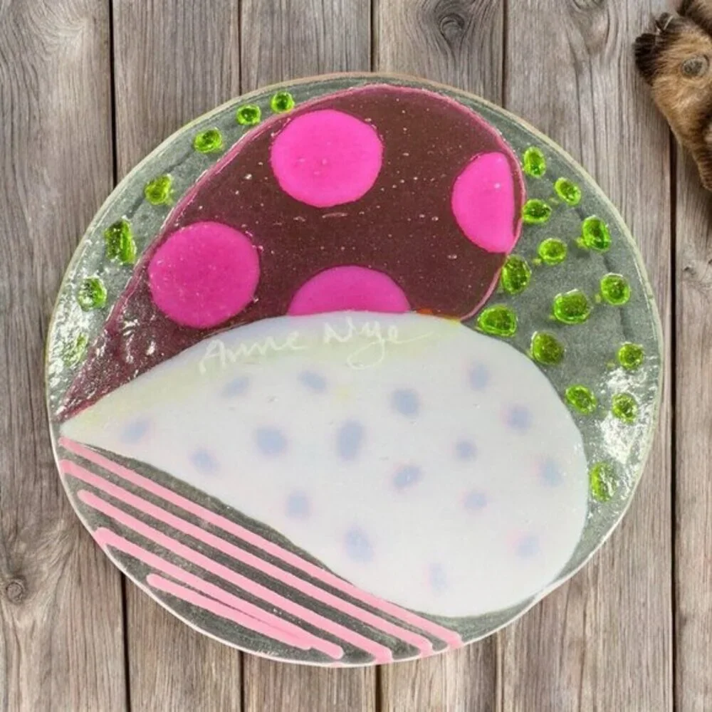 Anne Nye Fused Art Glass Fused Multicolored Round Glass Plate Dish Hand Made VTG